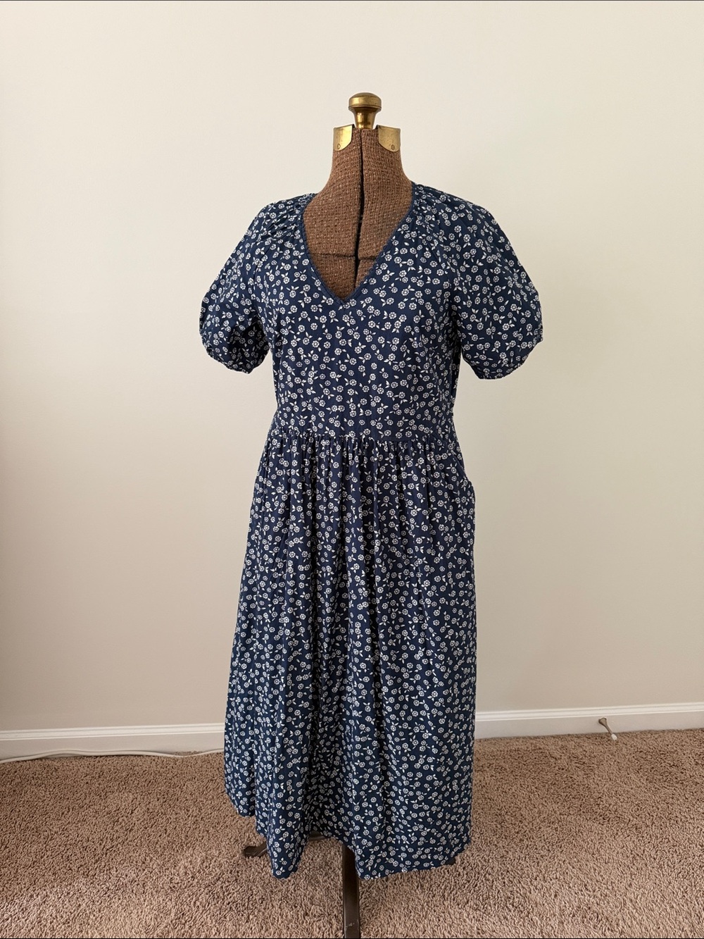 J. Crew Factory Navy and White Floral V-Neck Puff Sleeve Midi Dress